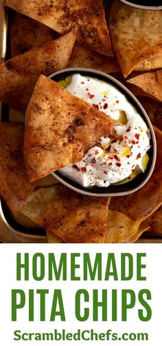 homemade pita chips in a bowl with dip