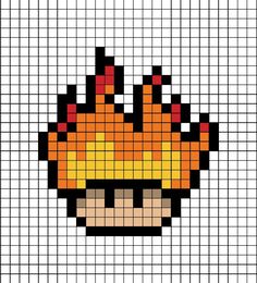 A pixel art template of a Mario mushroom themed as fire. Mario Mushroom Pixel Art, Pixel Art Mario Bros, Pixel Art Grid Easy, Pixel Art Mushroom, Pixel Fire, Mushroom Pixel Art, Minecraft Mario, Minecraft Pixel Art Templates, Pixel Art Mario