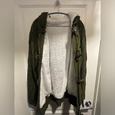 Army Green Winter Hooded Cardigan. Xl. Button Up, Faux Fur-Lined. Never Worn. Cozy Outerwear With Buttons For Cold Weather, Cozy Green Outerwear With Buttons, Cozy Green Outerwear With Button Closure, Hooded Cardigan, Army Green, Sweaters & Cardigans, Cardigans, Faux Fur, Button Up