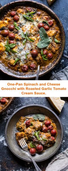 one pan spinach and cheese gnocchili with roasted garlic tomato cream sauce