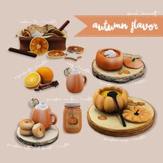 an image of autumn flavored items displayed on wooden slices and plates with oranges