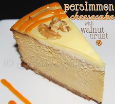 a piece of cheesecake with walnut crust on a plate