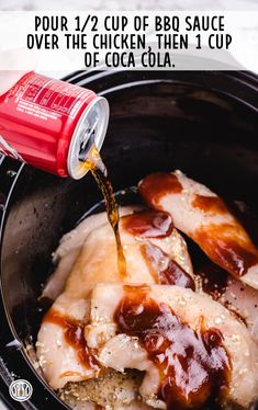 the sauce is being poured into the slow cooker to make baked chicken wings with coca cola