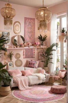 a living room filled with furniture and lots of plants on top of a wooden floor