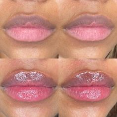 four different views of lips showing the same amount of lipstick on one woman's face