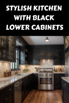 Stylish kitchen with black lower cabinets and stainless steel appliances. Black Cabinet Knobs, Black Kitchen Cabinet, Tall Kitchen Cabinets, Modern Black Kitchen, Kitchen Aesthetics