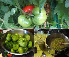 there are three pictures of tomatoes and green peppers in the same pan, one is on the stove top