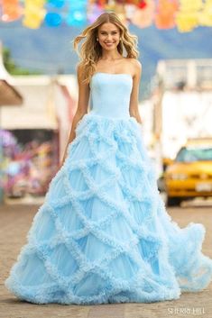 Sherri Hill 55598 - Lattice Ruffles Strapless Ballgown Light Blue Prom Dresses, Light Blue Prom, Blue Prom Dresses, Ruffle Pattern, Straight Across Neckline