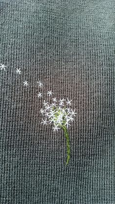 a dandelion with small white flowers in the middle on a gray background,