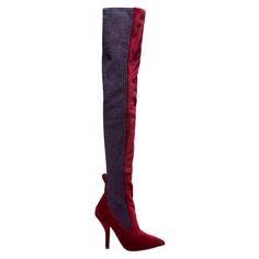 Debuted on the Paris runway, this pair is cut from burgundy velvet and flexible ribbed-knit coming in a metallic navy blue color that's flecked with glittered threads. COLOR: Burgundy / Metallic navy blue MATERIAL: Velvet SIZE: 36 EU / 5 US HEEL HEIGHT: 100 mm (4 inches) HEIGHT OF BOOT LEG: 28 inch EST. RETAIL: $1710+ COMES WITH Original box and care card  Made in Italy Velvet Thigh High Boots, Above Knee Boots, Fendi Boots, Chic High Heels, Metallic Boots, Thigh Boots, Thigh High Boots Heels, Velvet Boots, High Heel Boots Knee