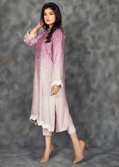 Lavender pure cotton net shaded shirt handworked with sequins and beads all over. Comes with matching pure viscose silk pants Summer Festive Kurta With Pearl Embroidery, Spring Salwar Kameez With Mirror Work And Long Sleeves, Spring Long Sleeve Salwar Kameez With Mirror Work, Purple Long Sleeve Sets With Mirror Work, Summer Resham Embroidery Long Sleeve Pant Set, Eid Sequinned Purple Sets, Eid Purple Sequin Sets, Purple Sequined Sets For Eid, Purple Silk Sets For Summer