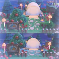 two pictures of the same area in animal crossing, with trees and mushrooms around them