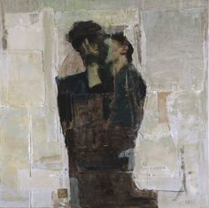 an abstract painting of two people standing in front of a white wall and looking at each other