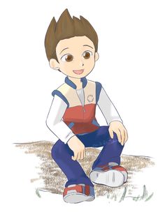 a drawing of a boy sitting on the ground with his legs crossed and wearing blue pants