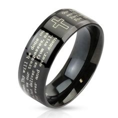 Lords Prayer Ring Black 316 Stainless Steel chrome ring laser etched with the Lord's Prayer. sizes 05-13 fits men and women. Lords Prayer, Lord's Prayer, The Lords Prayer, Cross Ring, Ring Fit, Stainless Steel Rings, Steel Ring, Beveled Edge, Fantastic Gifts