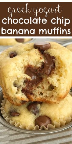 two chocolate chip banana muffins stacked on top of each other with text overlay