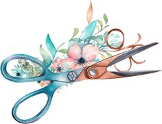 a pair of scissors with flowers and leaves on the handles are painted in watercolor