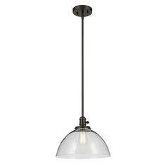 a small glass light fixture hanging from a ceiling mounted pendant with an acrylic shade