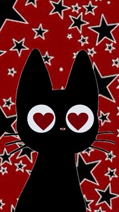 a black cat with heart eyes and stars in the background