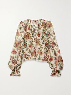 ULLA JOHNSON Bernadette floral-print silk-crepon blouse | NET-A-PORTER Vintage Botanical Drawings, Silk Crop Top, Patterned Blouse, Flowy Sleeves, Elegant Blouses, Botanical Drawings, Neck Ties, Vintage Botanical, Ulla Johnson