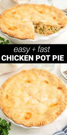 an easy and fast chicken pot pie on a white plate with a slice cut out