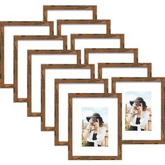 six wooden frames are arranged in the shape of squares, each with an image of a woman wearing a hat