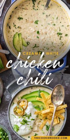 creamy white chicken chili in a bowl with tortilla chips and avocado