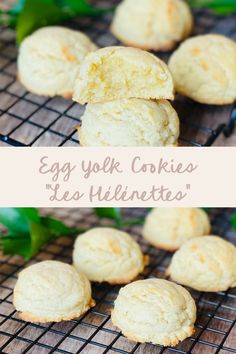 egg yolk cookies on a cooling rack with green leaves in the background and text overlay