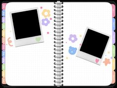 an open notebook with two polaroid frames on it and colorful flowers around the pages