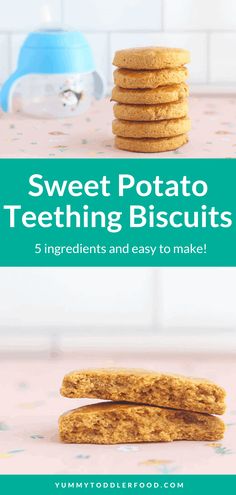 three cookies stacked on top of each other with text overlay saying sweet potato teeth biscuits