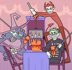 two cartoon characters sitting at a table with a cake and candles in front of them