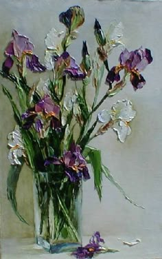 a painting of purple and white flowers in a vase