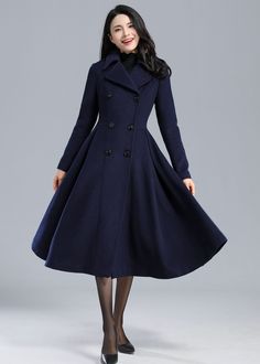 "More Color: https://etsy.me/3Ru9AKv ★★ FEATURES 50% wool blend, 50% fiber, nylon Polyester lining Notched collar Long sleeve Double breasted Two side pockets Fit and flare Regular fit Mid calf Perfect for winter, autumn ★★Mode size Height 170cm (5′ 7″) Bust 84 cm (33\") Waist 66 cm (26\") She wears size XS. ★★Bespoke Order Service If you Request other color Request the length Your height is not between 155 cm- 175 cm Your weight is not between 47 kg -77 kg I can do it for you, It will need some Women Trench Coat, Womens Fall Coats, Long Winter Coats Women, Winter Coat Women, Princess Coat, Wool Winter Coat, Winter Outwear, Wool Coat Women, Wool Trench Coat