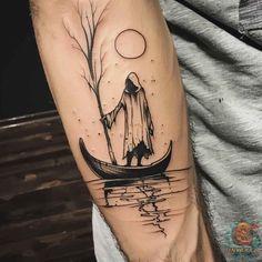 a man standing on top of a boat in the water under a full moon tattoo