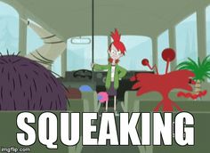 an animated scene with the words squeeaking in front of two cartoon characters