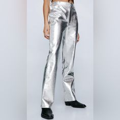 ***The Photos With Models Are Not Actual Pants; They’re Shown For Style Purposes Only*** Nwt, New With Tag Zipper Fly Metallic Silver Pants, Silver Pants, Metallic Pants, Kick Flare Jeans, Suede Pants, Womens Jeans Bootcut, Love Fire, Knit Boots, White Denim Jeans