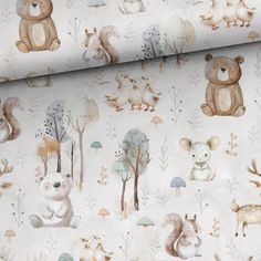 an animal themed wallpaper with bears, deers and mushrooms on white paper background