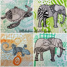 four different pictures of elephants, zebras and other animals in various patterns on paper