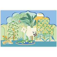 an illustration of a cow standing in the middle of a garden with flowers and plants