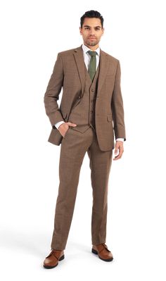 A brown suit in a stretch wool blend fabric with two buttons and a notch lapel. Light Brown Suit, Brown Groomsmen, Dark Brown Shoes, Brown Suit, Gray Wool Coat, Brown Suits, Tuxedo Suit, Three Piece Suit, Tuxedos