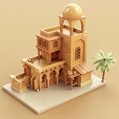 a wooden model of a building with a palm tree in the foreground and an orange dome on top