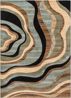 an area rug with wavy lines on the side and black, brown, blue, beige and green colors