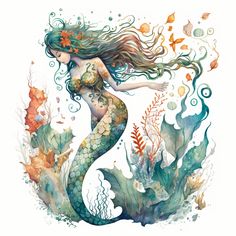 a watercolor painting of a mermaid with her hair blowing in the wind, surrounded by seaweed and corals