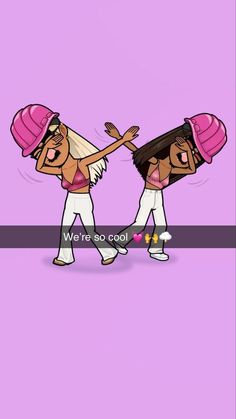 two cartoon people with pink hats on their heads and one is holding a skateboard