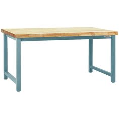 a wooden table sitting on top of a white floor next to a blue metal frame