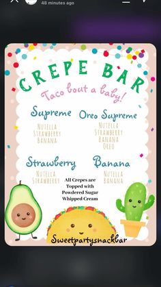 a menu for a baby shower with an avocado and taco on it