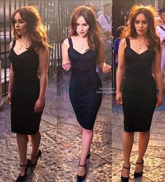 two pictures of a woman in black dress and heels walking down the street with her hand on her hip