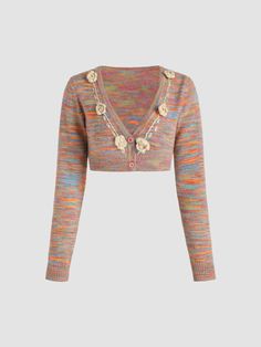 a women ' s sweater with buttons and buttons Multicolor V-neck Cotton Cardigan, Multicolor Cotton V-neck Cardigan, Spring Multicolor Cotton Sweater, Multicolor Cotton Sweater For Fall, Fitted Multicolor Cotton Cardigan, Fitted Multicolor Cotton Sweater, Cropped Knit Sweater, Trim Top, Elegant Outfit