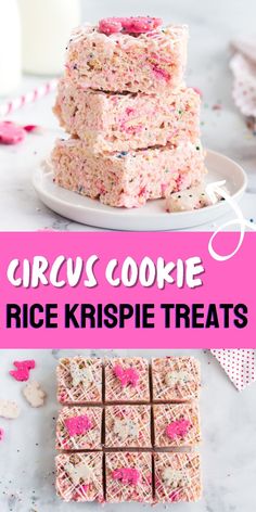 rice krispie treats stacked on top of each other with pink frosting and sprinkles