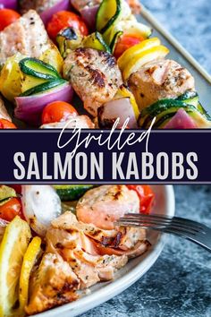 grilled salmon kabobs on a white plate